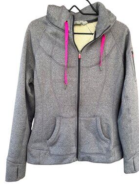 Athleta Womens Sz Large Gray Full-Zip Hoodie Pink Drawstrings Cozy Fleece-Lined